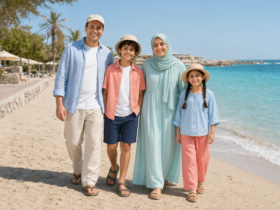 أفراد العائلة أنفسهم معاً في عطلة بحرية واضحة بشاطئ ومياه زرقاء مع الحفاظ على ملامحهم